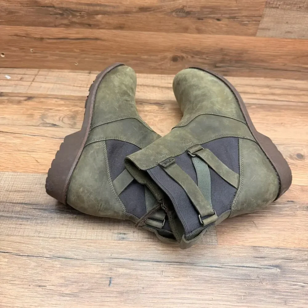 Teva Ellery Ankle Boots Womens 9 Olive Green Leather Waterproof Side Zip Chic